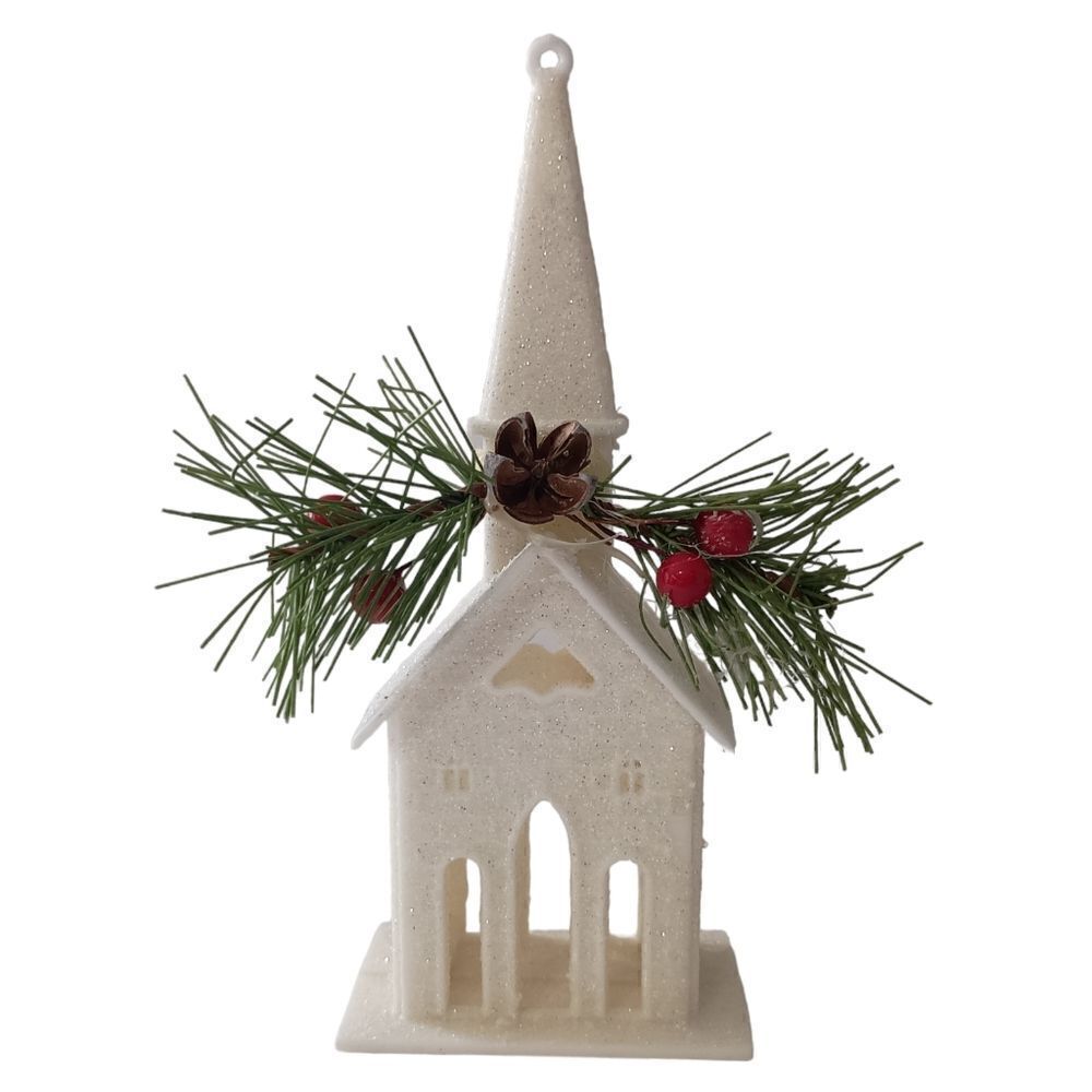 Vintage Plastic Church Ornament Kitschy Sugar Coated Christmas‎ Glittery Pine